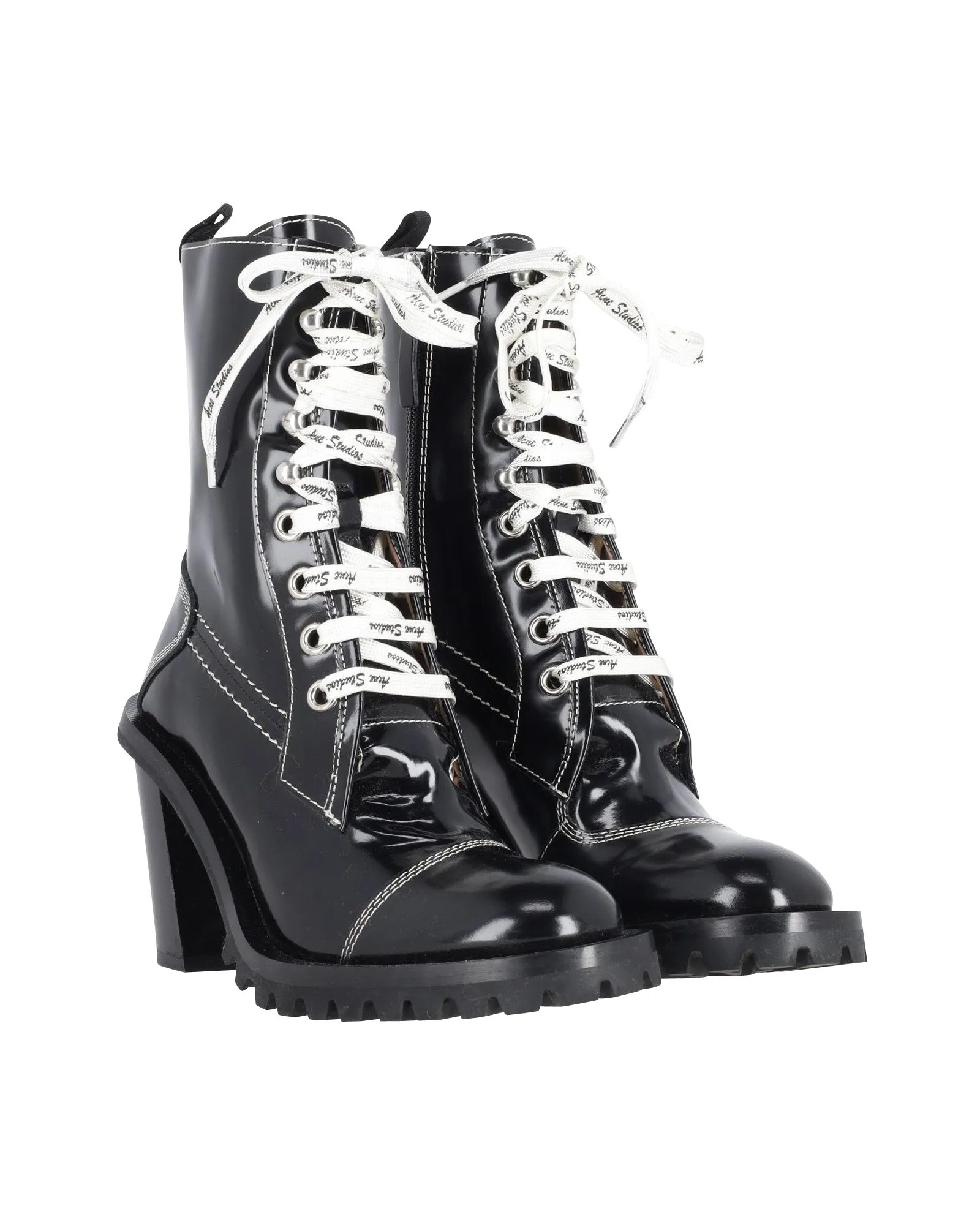 Acne Studios Laced-Up Combat Boots in Black Patent Leather