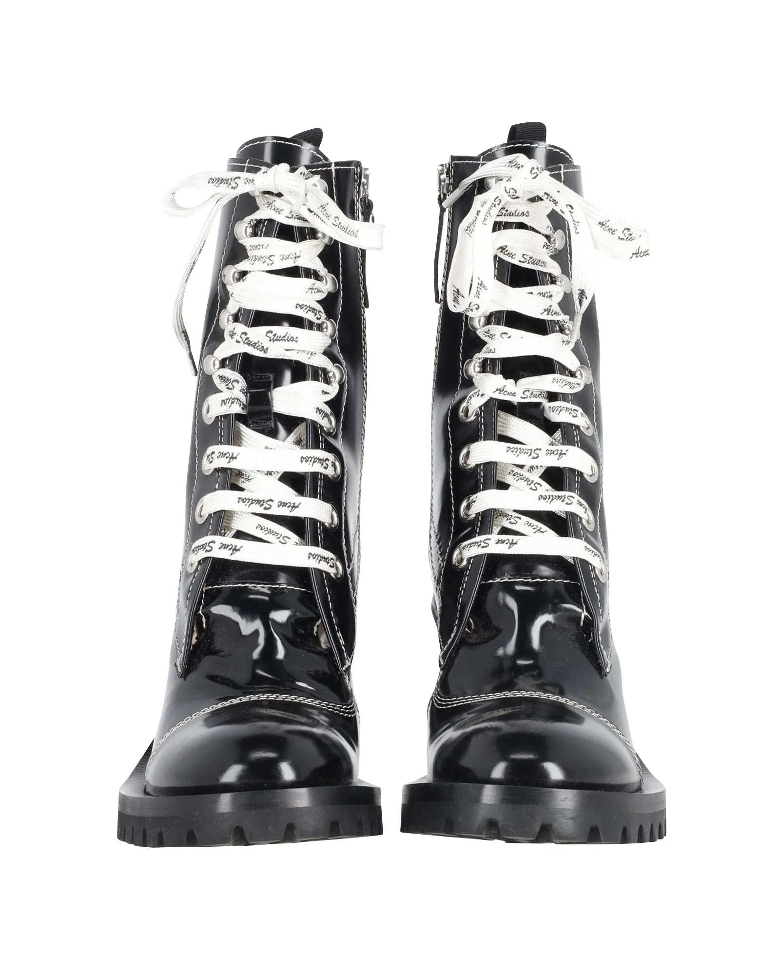Acne Studios Laced-Up Combat Boots in Black Patent Leather