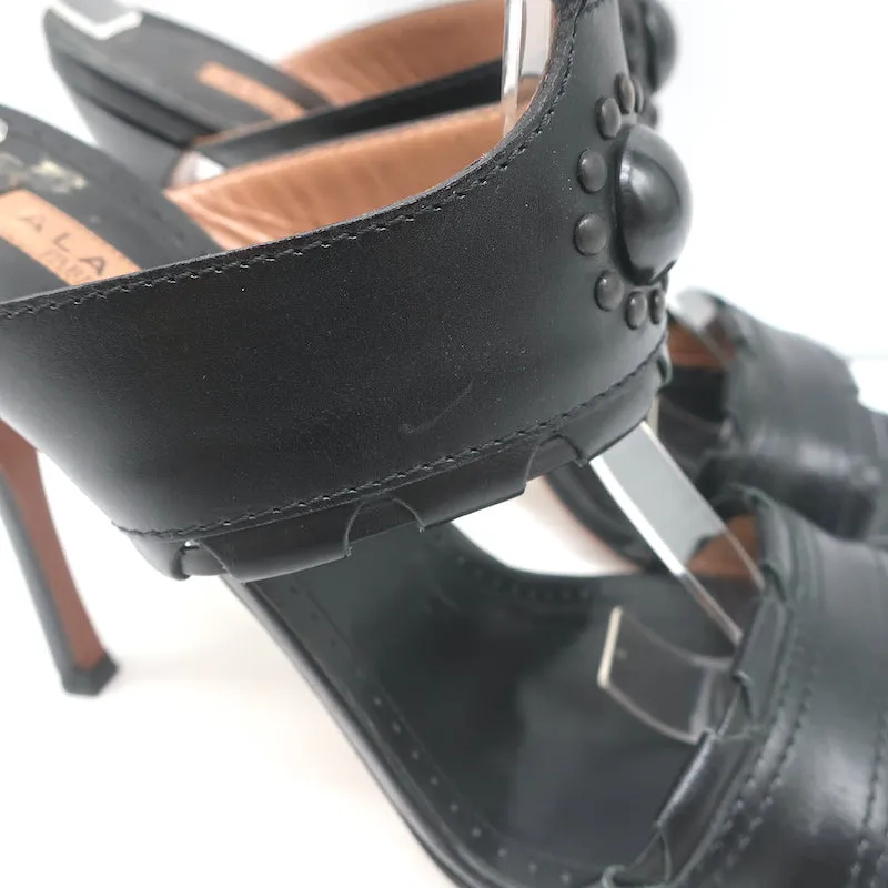Alaia Ankle Strap Sandals Black Leather Size 37.5 Open Toe Heels