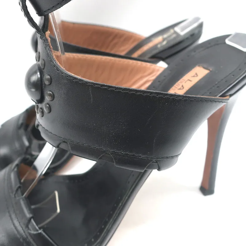 Alaia Ankle Strap Sandals Black Leather Size 37.5 Open Toe Heels