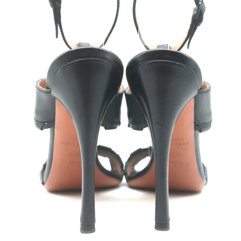 Alaia Ankle Strap Sandals Black Leather Size 37.5 Open Toe Heels