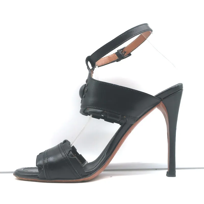 Alaia Ankle Strap Sandals Black Leather Size 37.5 Open Toe Heels