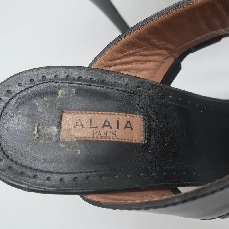 Alaia Ankle Strap Sandals Black Leather Size 37.5 Open Toe Heels