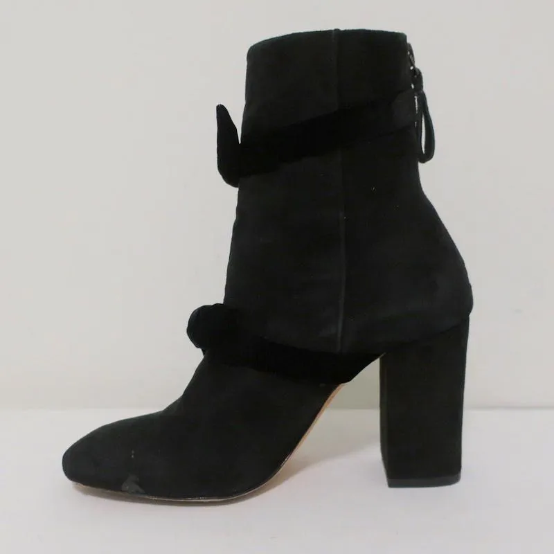 Alexandre Birman Lorraine Ankle Boots Black Suede with Velvet Bows Size 37.5