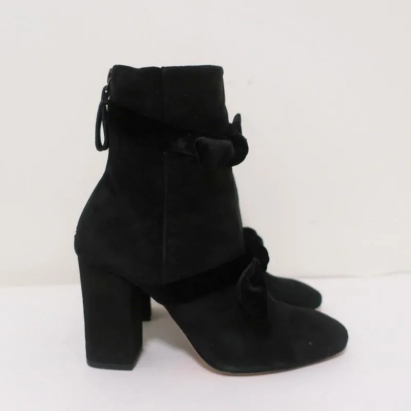 Alexandre Birman Lorraine Ankle Boots Black Suede with Velvet Bows Size 37.5