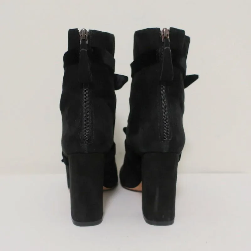 Alexandre Birman Lorraine Ankle Boots Black Suede with Velvet Bows Size 37.5