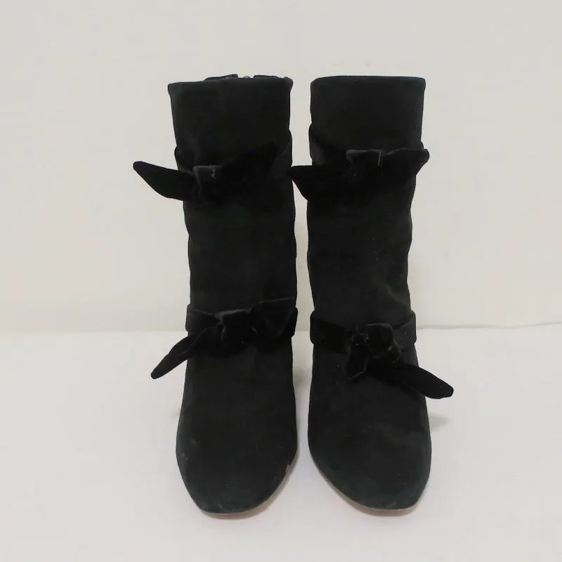 Alexandre Birman Lorraine Ankle Boots Black Suede with Velvet Bows Size 37.5