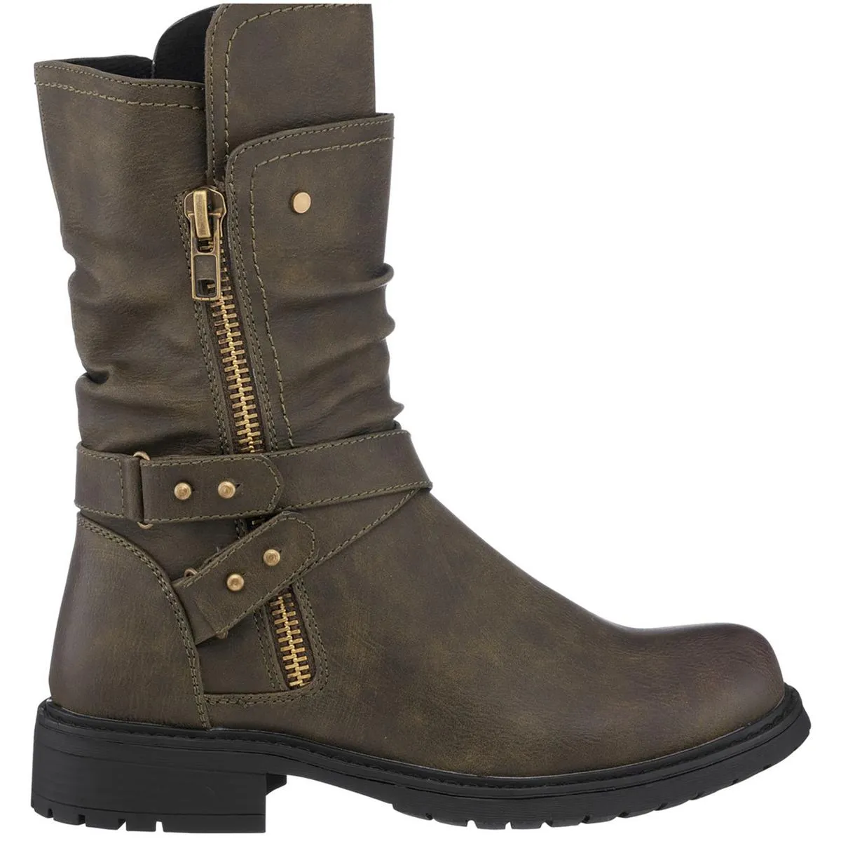 Brandy Womens Ruched Faux Leather Mid-Calf Boots