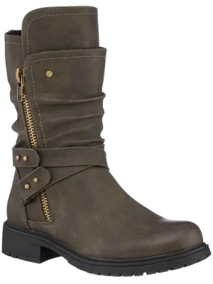 Brandy Womens Ruched Faux Leather Mid-Calf Boots