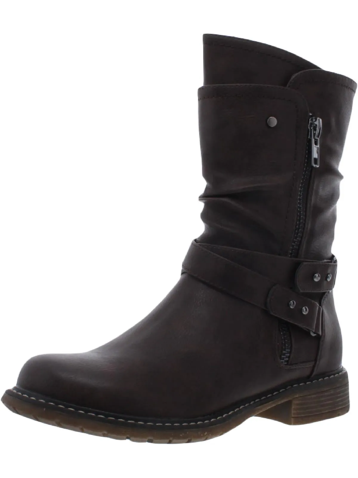 Brandy Womens Ruched Faux Leather Mid-Calf Boots