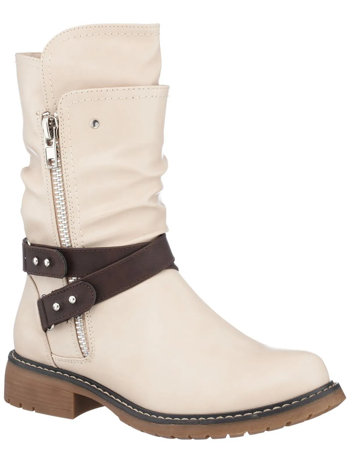 Brandy Womens Ruched Faux Leather Mid-Calf Boots