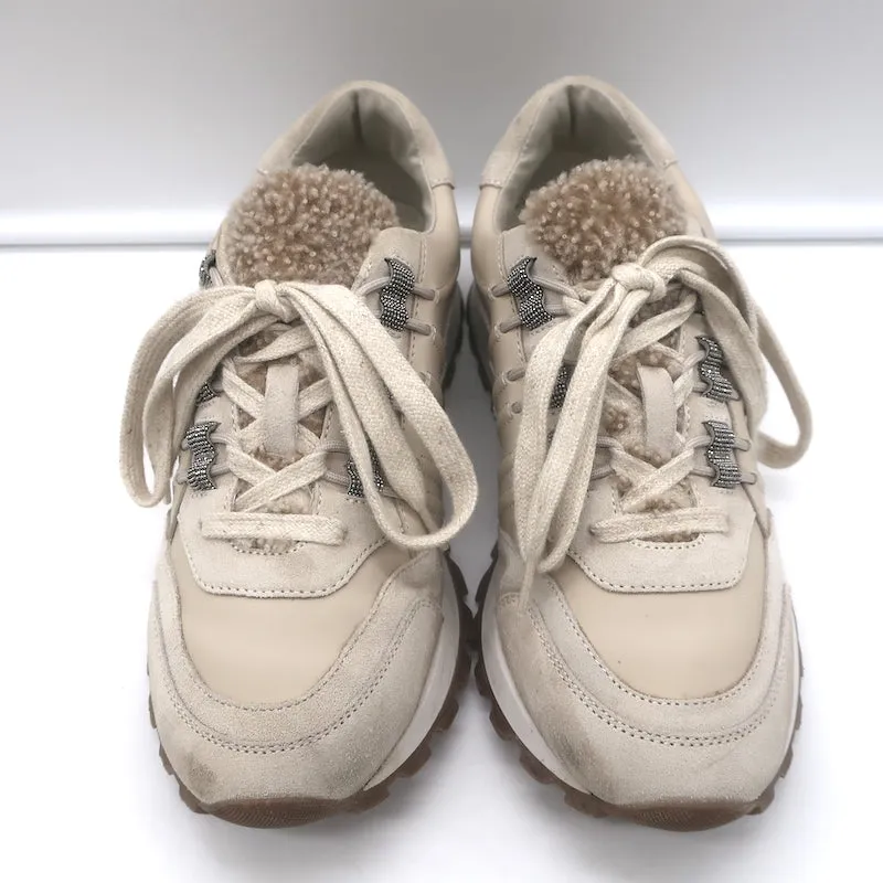 Brunello Cucinelli Shearling & Monili-Trimmed Running Sneakers Taupe Size 39