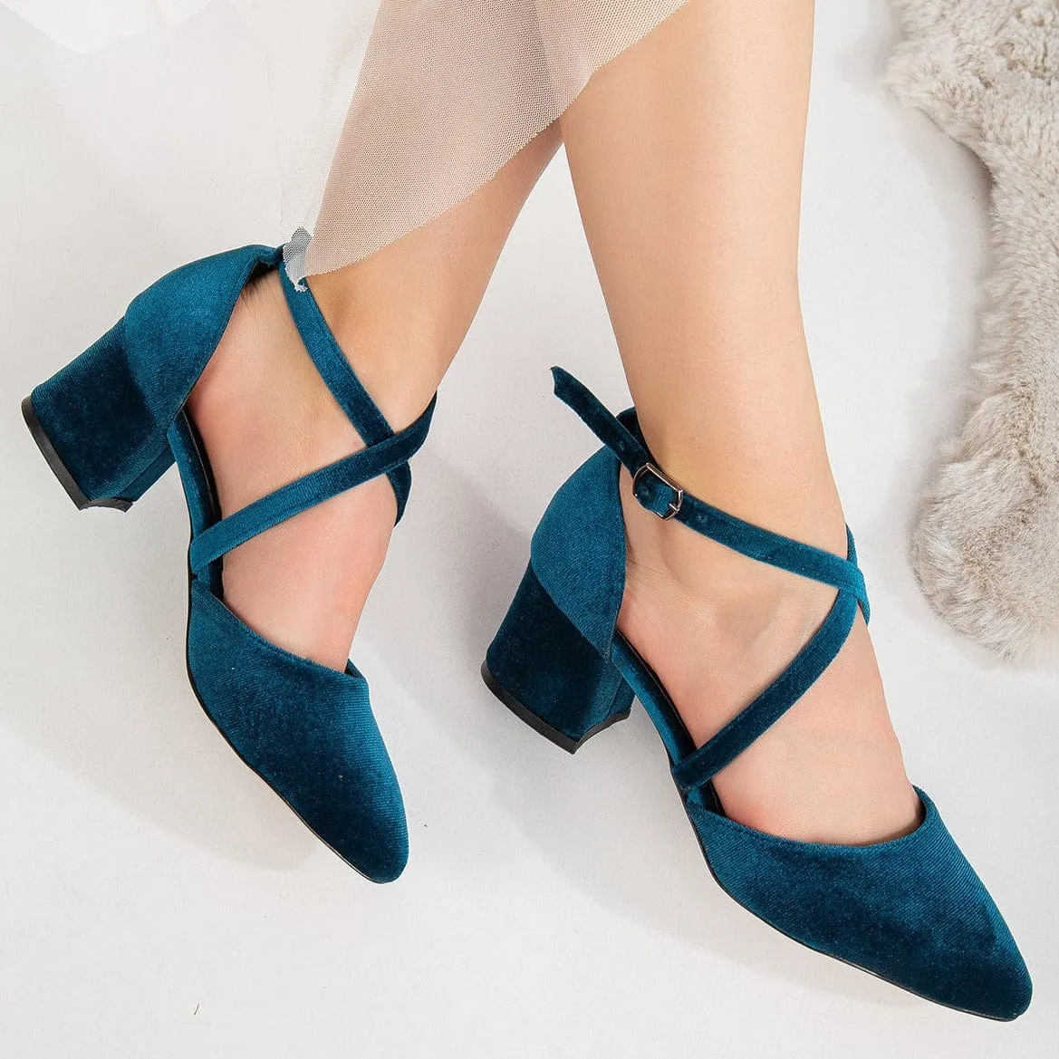 Dolly Vegan Velvet  Block Heels | Teal Blue