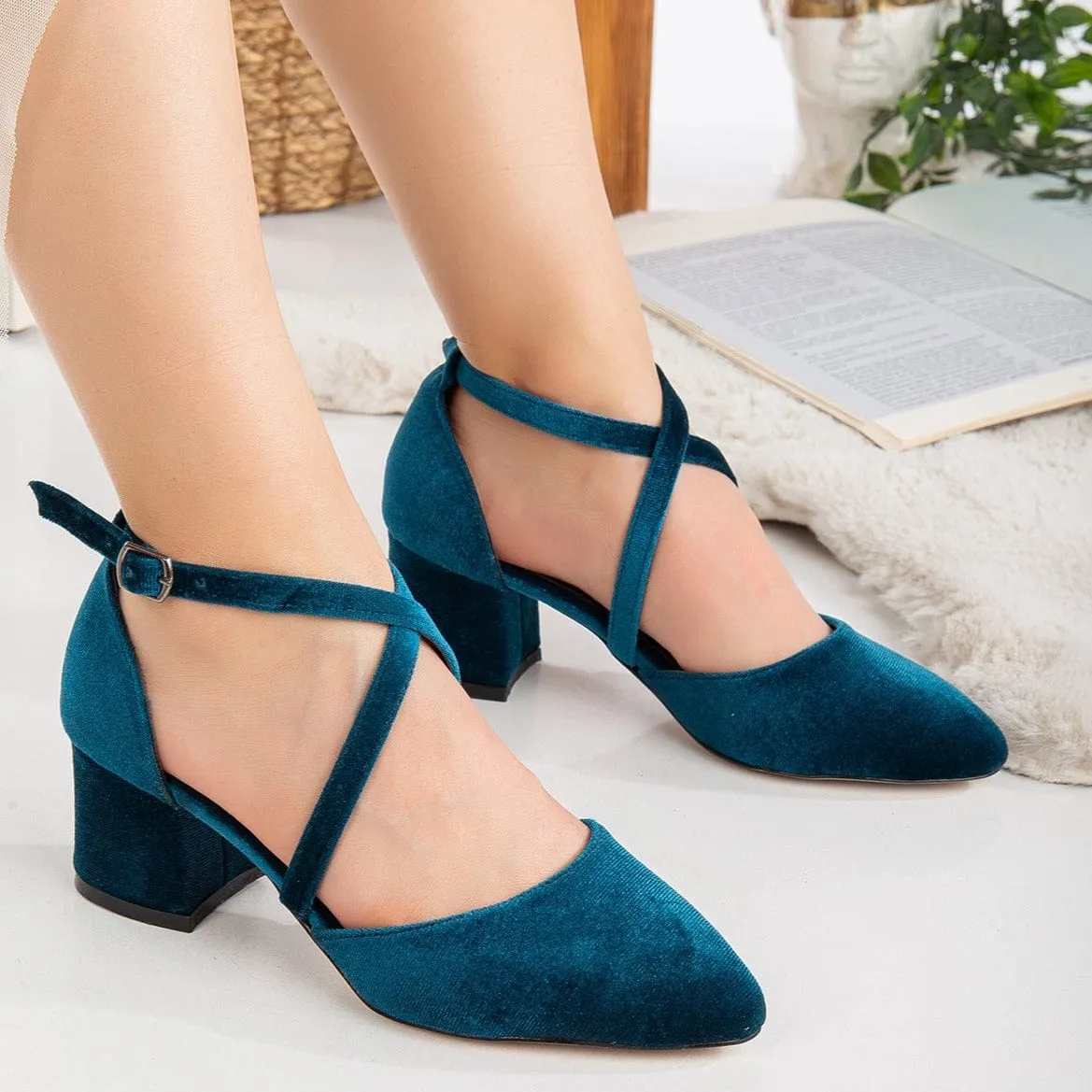 Dolly Vegan Velvet  Block Heels | Teal Blue