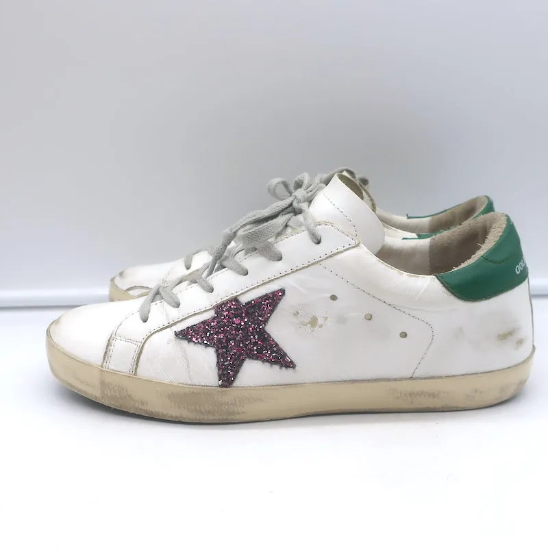 Golden Goose Superstar Glitter Star Sneakers White & Green Leather Size 38