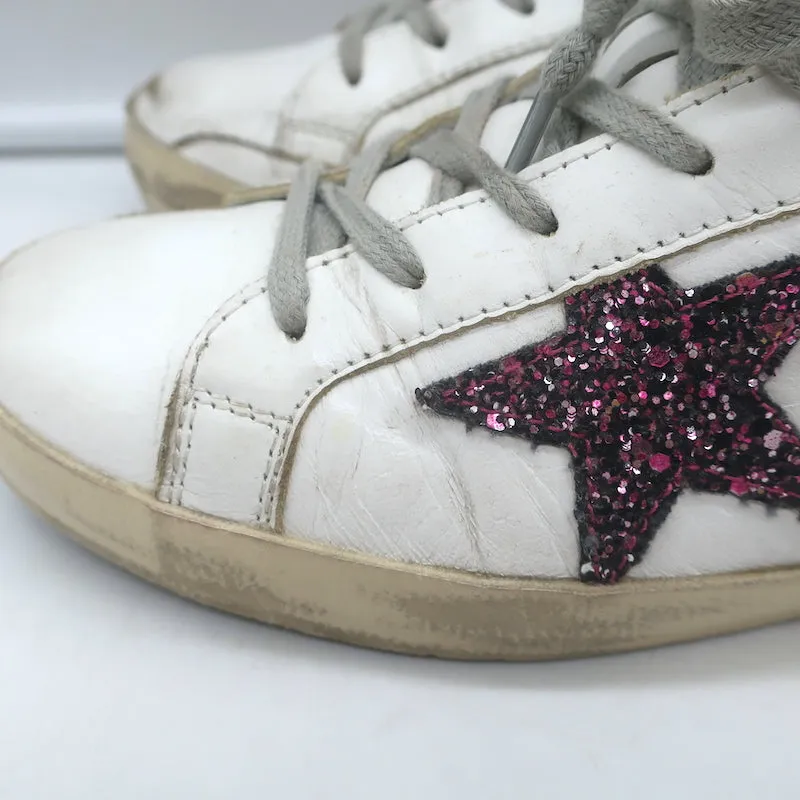 Golden Goose Superstar Glitter Star Sneakers White & Green Leather Size 38