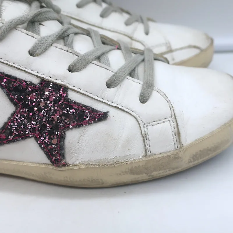 Golden Goose Superstar Glitter Star Sneakers White & Green Leather Size 38