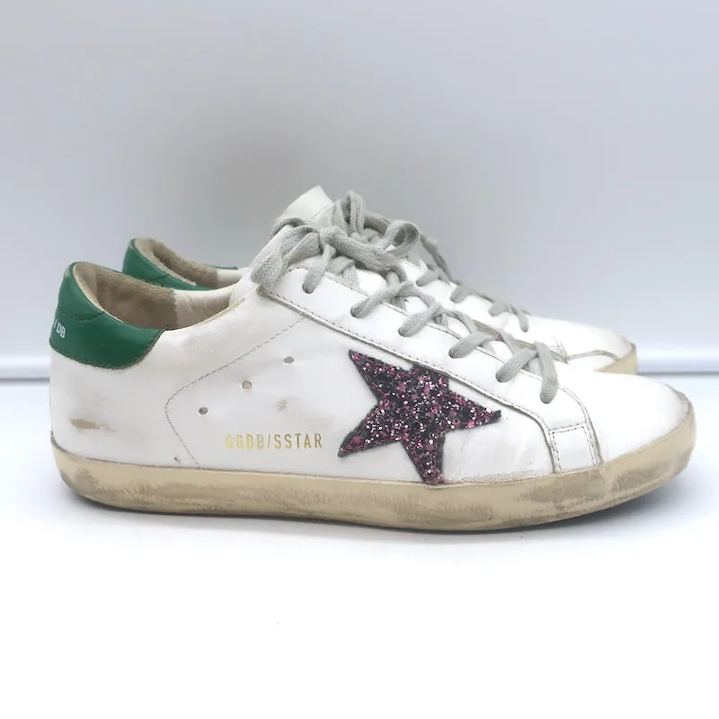 Golden Goose Superstar Glitter Star Sneakers White & Green Leather Size 38