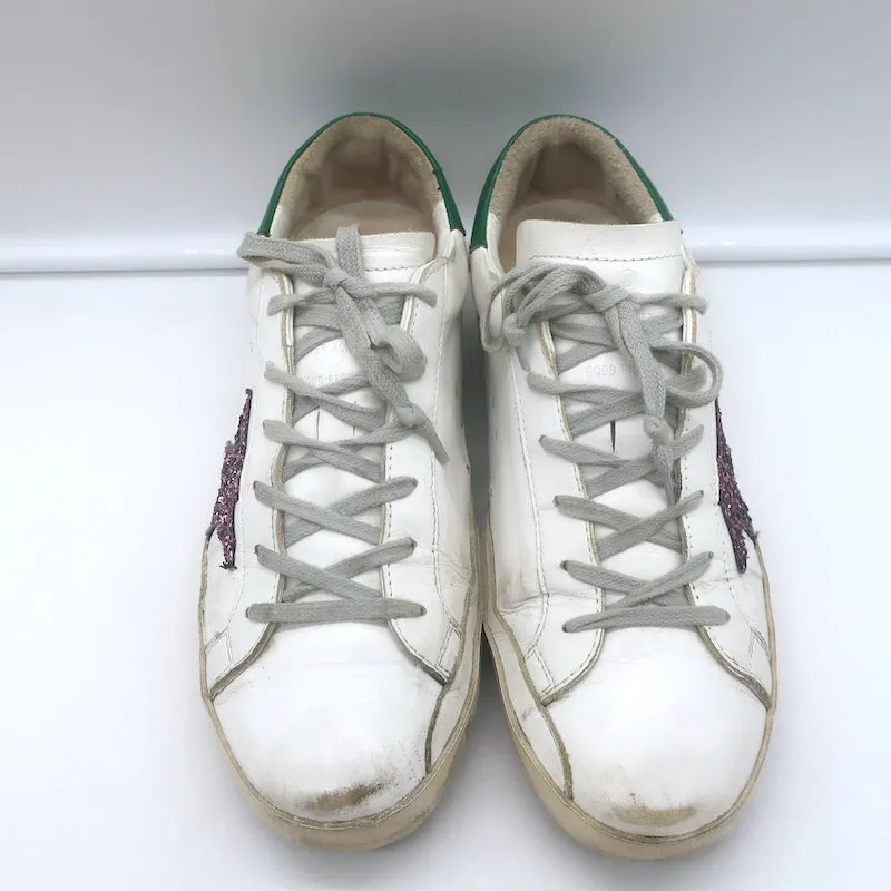 Golden Goose Superstar Glitter Star Sneakers White & Green Leather Size 38