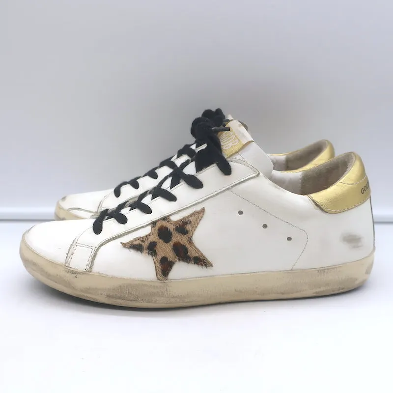 Golden Goose Superstar Leopard Pony Hair Star Sneakers White Leather Size 38