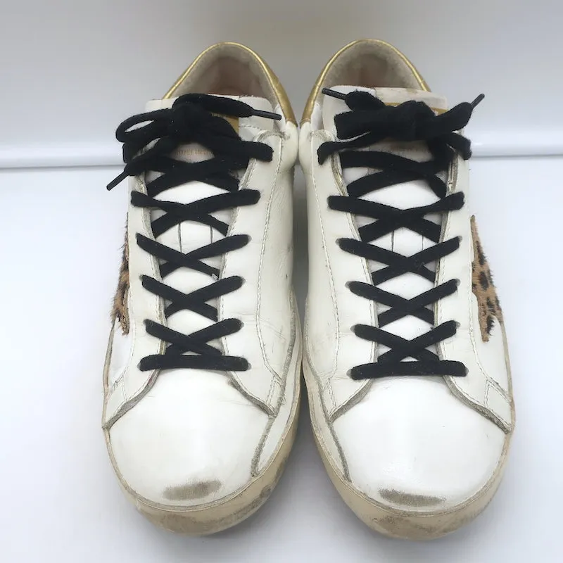 Golden Goose Superstar Leopard Pony Hair Star Sneakers White Leather Size 38
