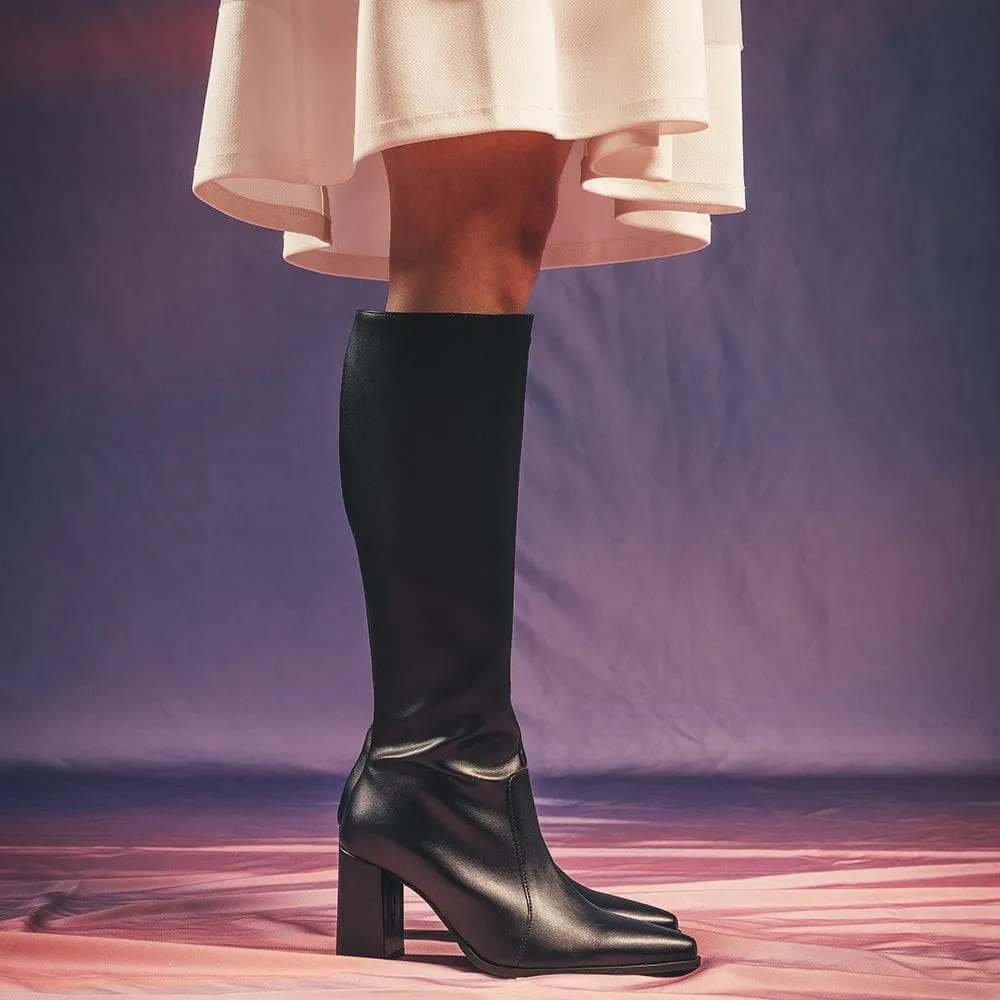 Iona Women's Apple Leather High Heel Knee Vegan Boots | Black