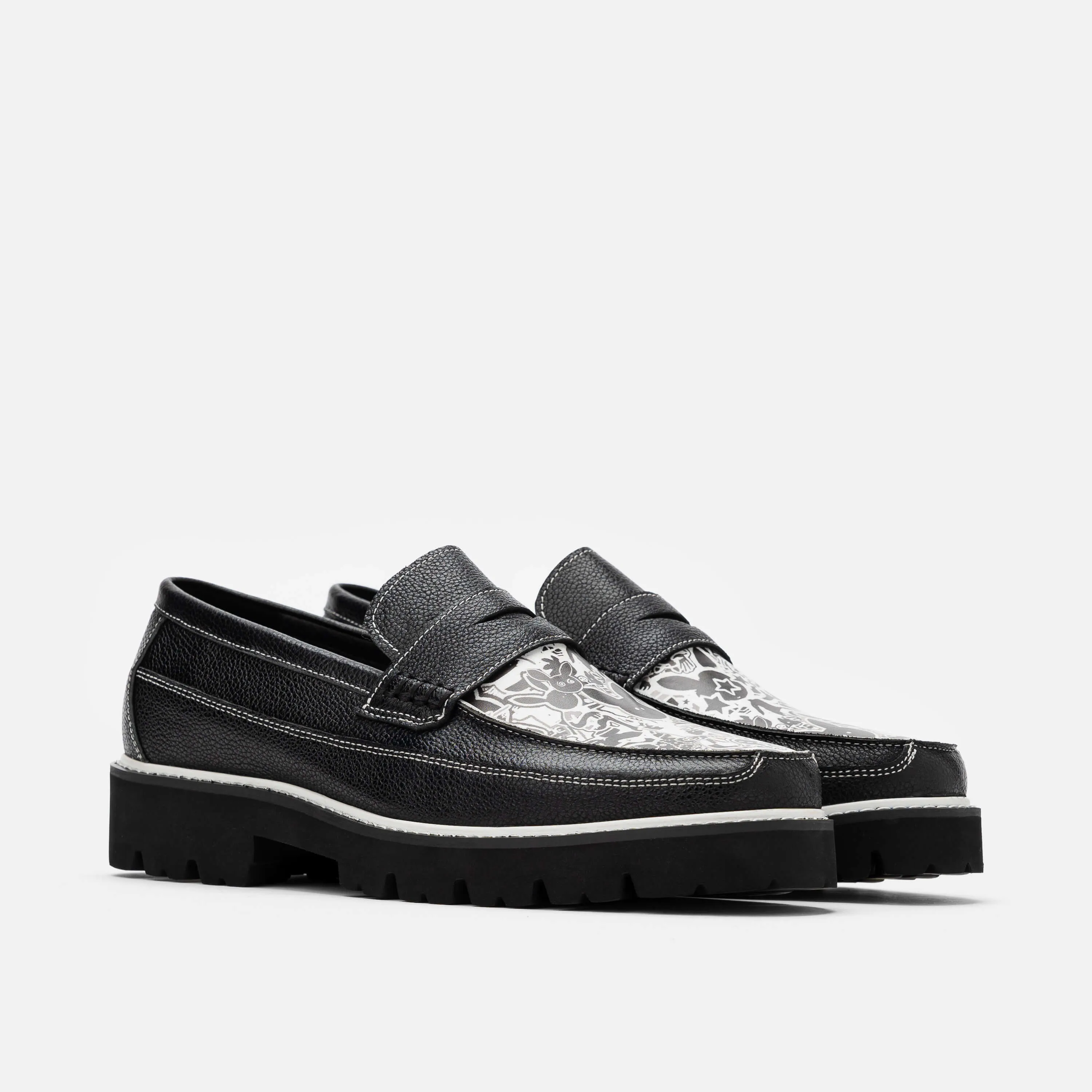 Kodone 'Scribble' Black Leather Lug Penny Loafers