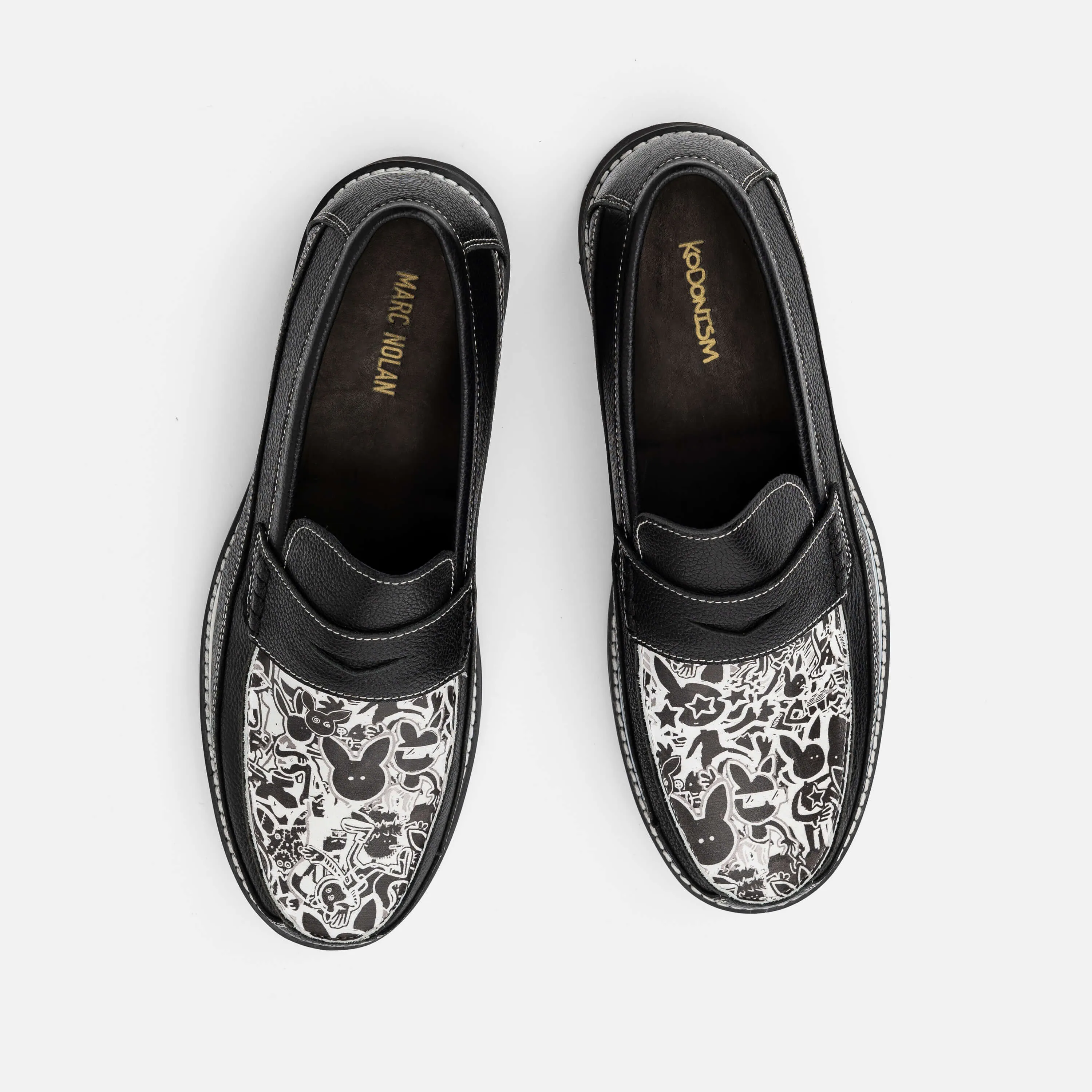 Kodone 'Scribble' Black Leather Lug Penny Loafers