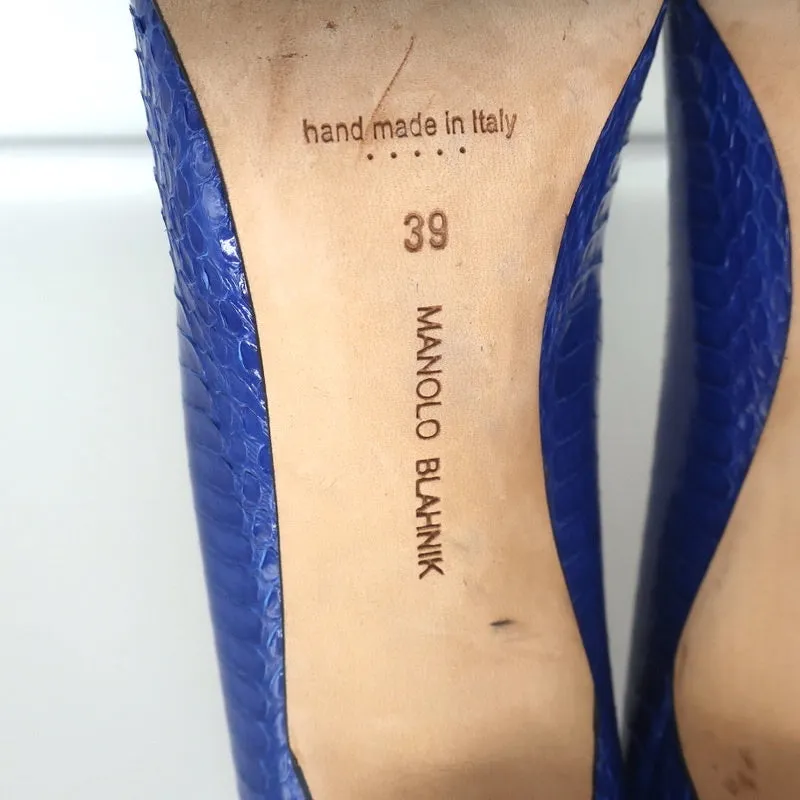 Manolo Blahnik BB 105 Snakeskin Pumps Blue Size 39 Pointed Toe Heels