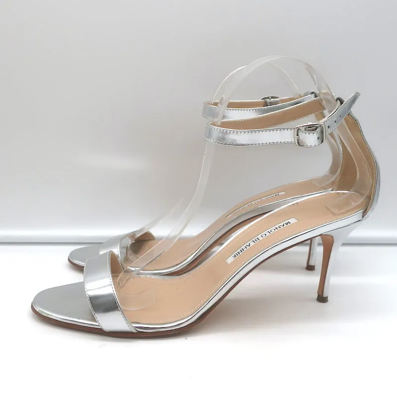 Manolo Blahnik Chaos Ankle Strap Sandals Silver Metallic Leather Size 41.5