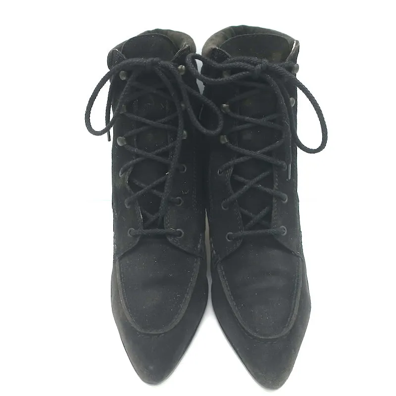 Manolo Blahnik Lace-Up Ankle Boots Black Suede Size 38.5 Pointed Toe Kitten Heel
