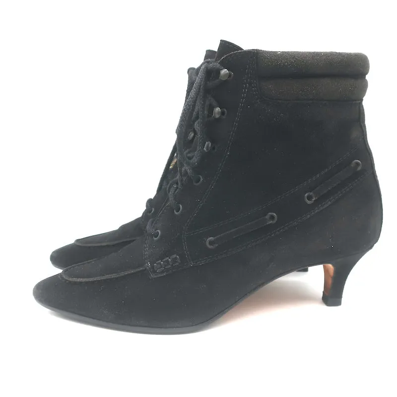 Manolo Blahnik Lace-Up Ankle Boots Black Suede Size 38.5 Pointed Toe Kitten Heel