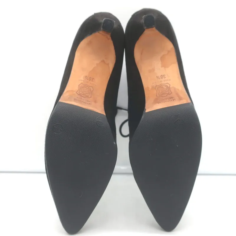 Manolo Blahnik Lace-Up Ankle Boots Black Suede Size 38.5 Pointed Toe Kitten Heel