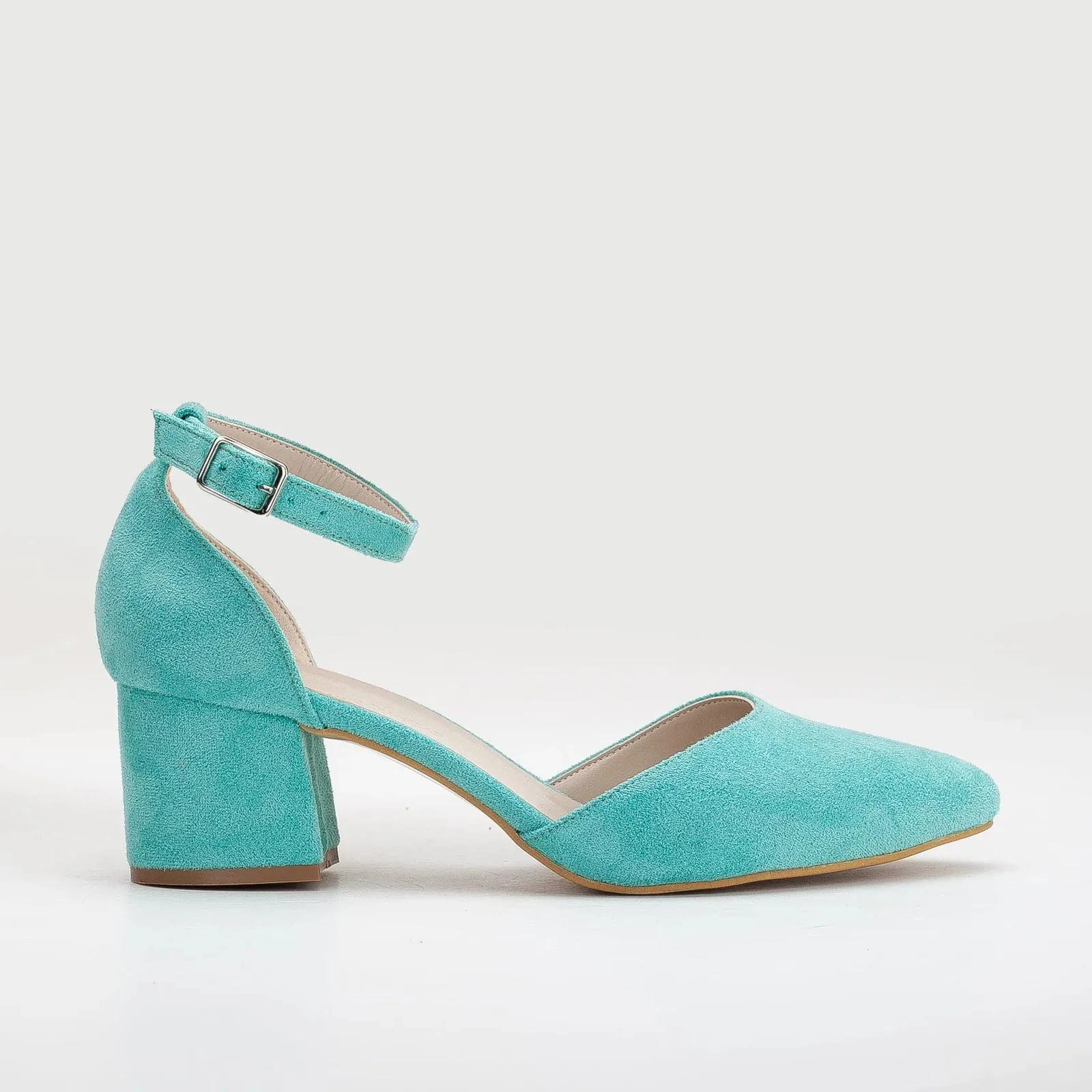 Miranda Vegan Velvet Pearl Low Heels | Aqua Blue