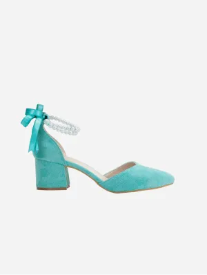 Miranda Vegan Velvet Pearl Low Heels | Aqua Blue