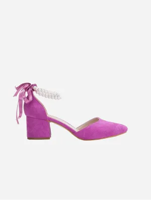 Miranda Vegan Velvet Pearl Low Heels | Fuchsia