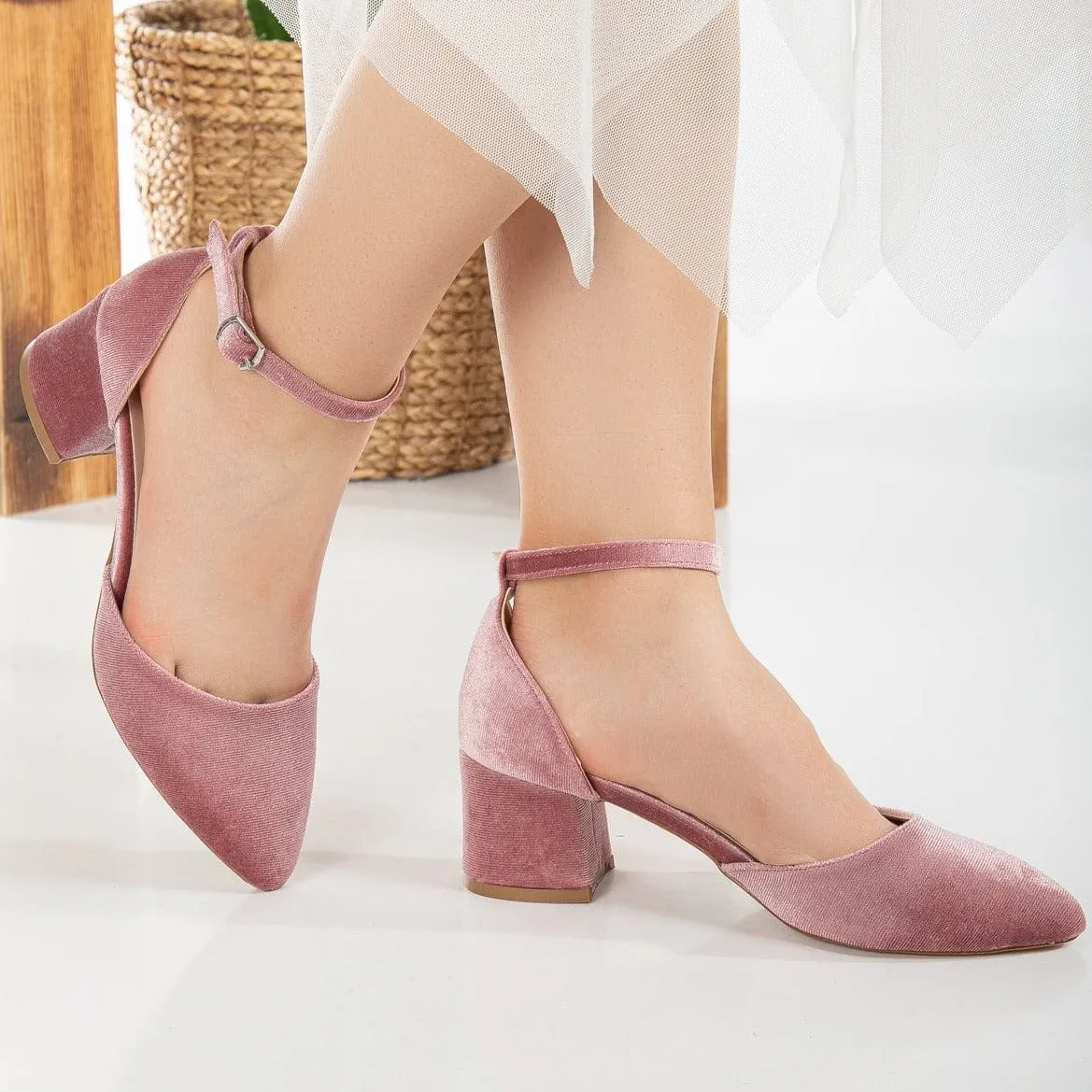 Miranda Vegan Velvet Pearl Low Heels | Rose