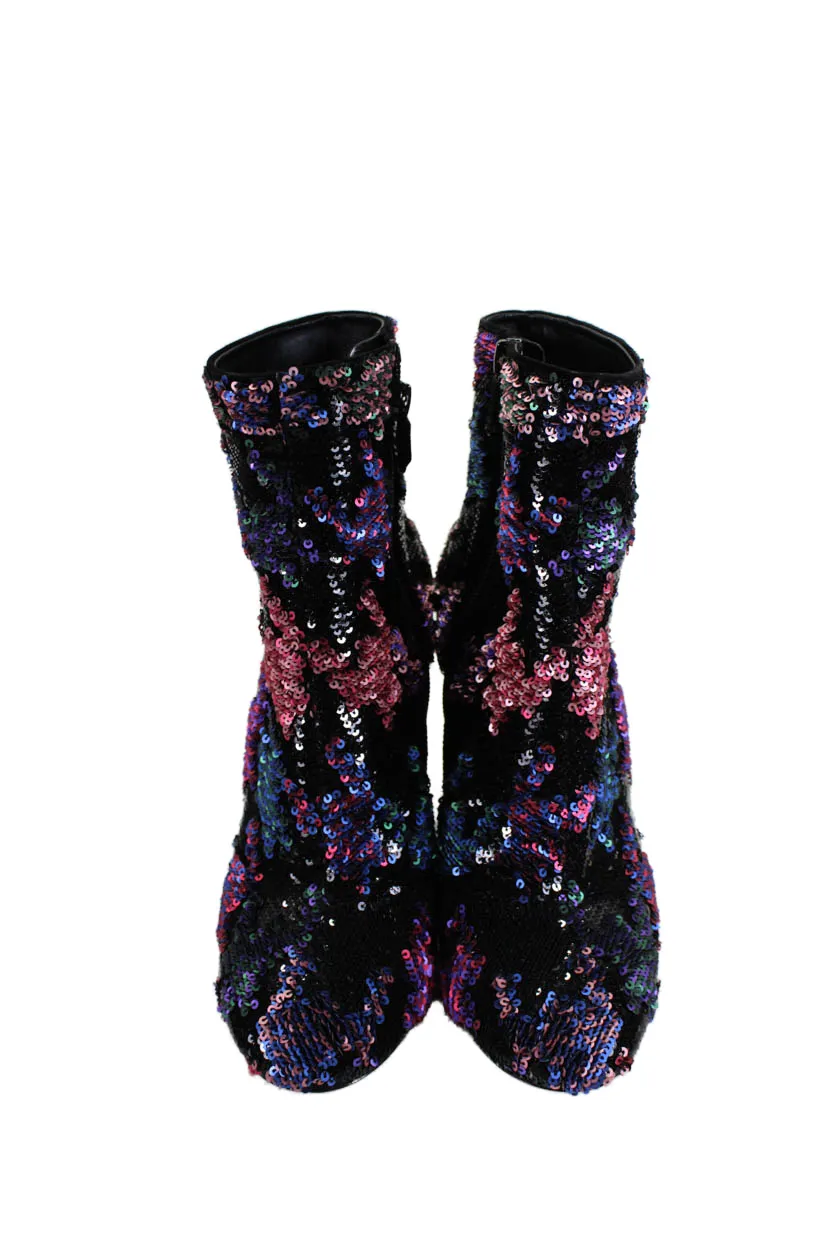 Roger Vivier Womens Side Zip Block Heel Sequin Booties Black Multi