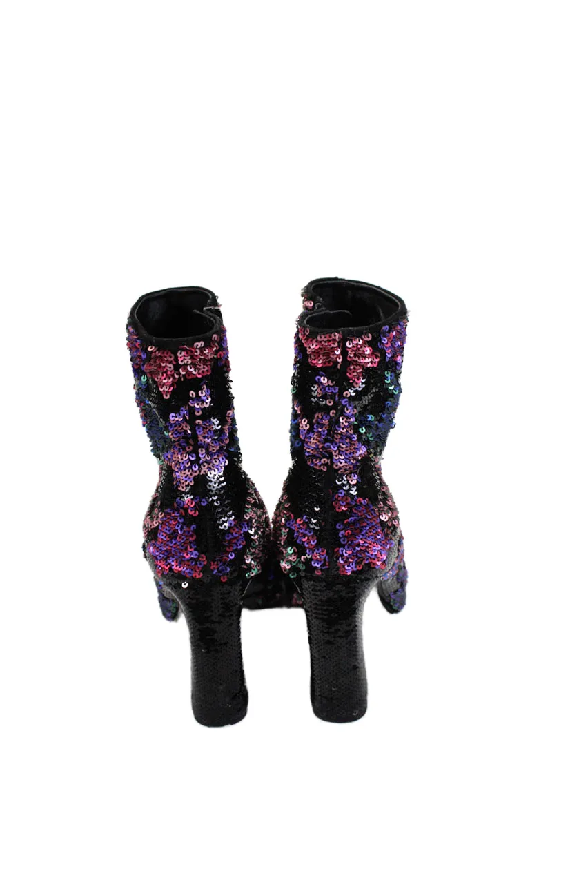 Roger Vivier Womens Side Zip Block Heel Sequin Booties Black Multi