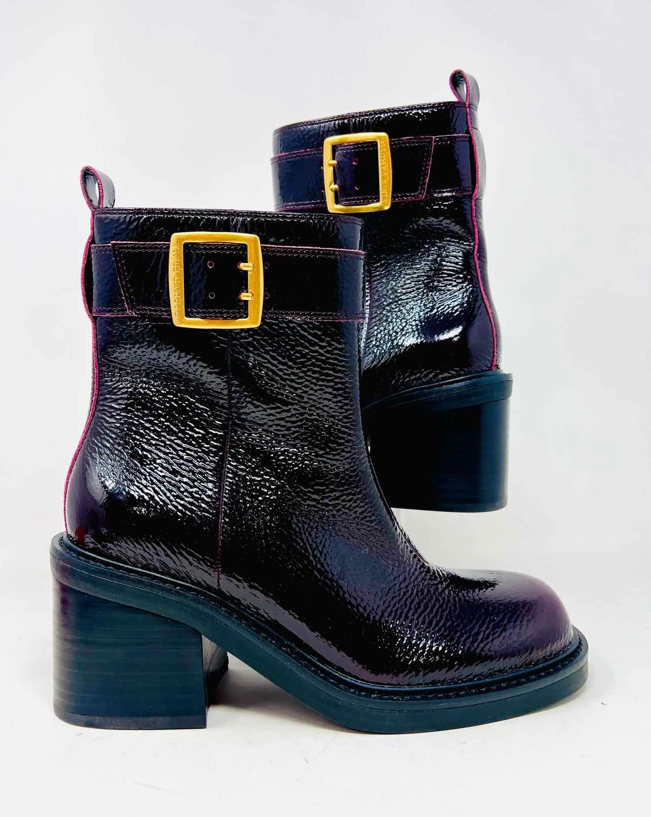 Vince Camuto Size 8 Oxblood/Gold Buckle(s) Patent Leather Shoes Boots