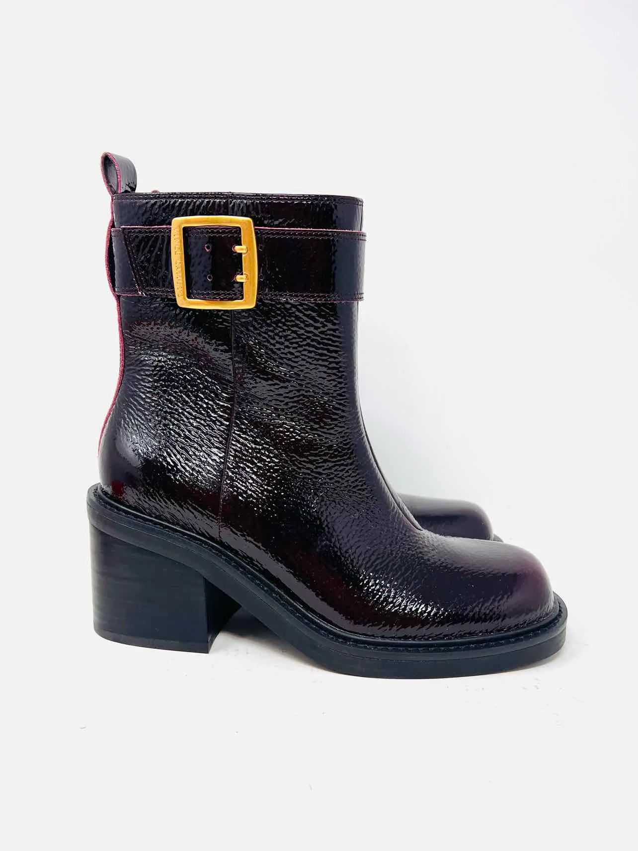 Vince Camuto Size 8 Oxblood/Gold Buckle(s) Patent Leather Shoes Boots