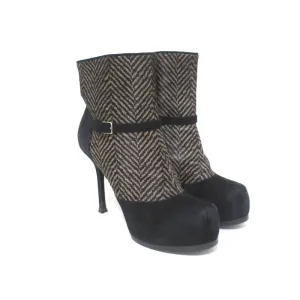 Yves Saint Laurent Tribtoo Ankle Boots Black Suede & Printed Pony Hair Size 38.5